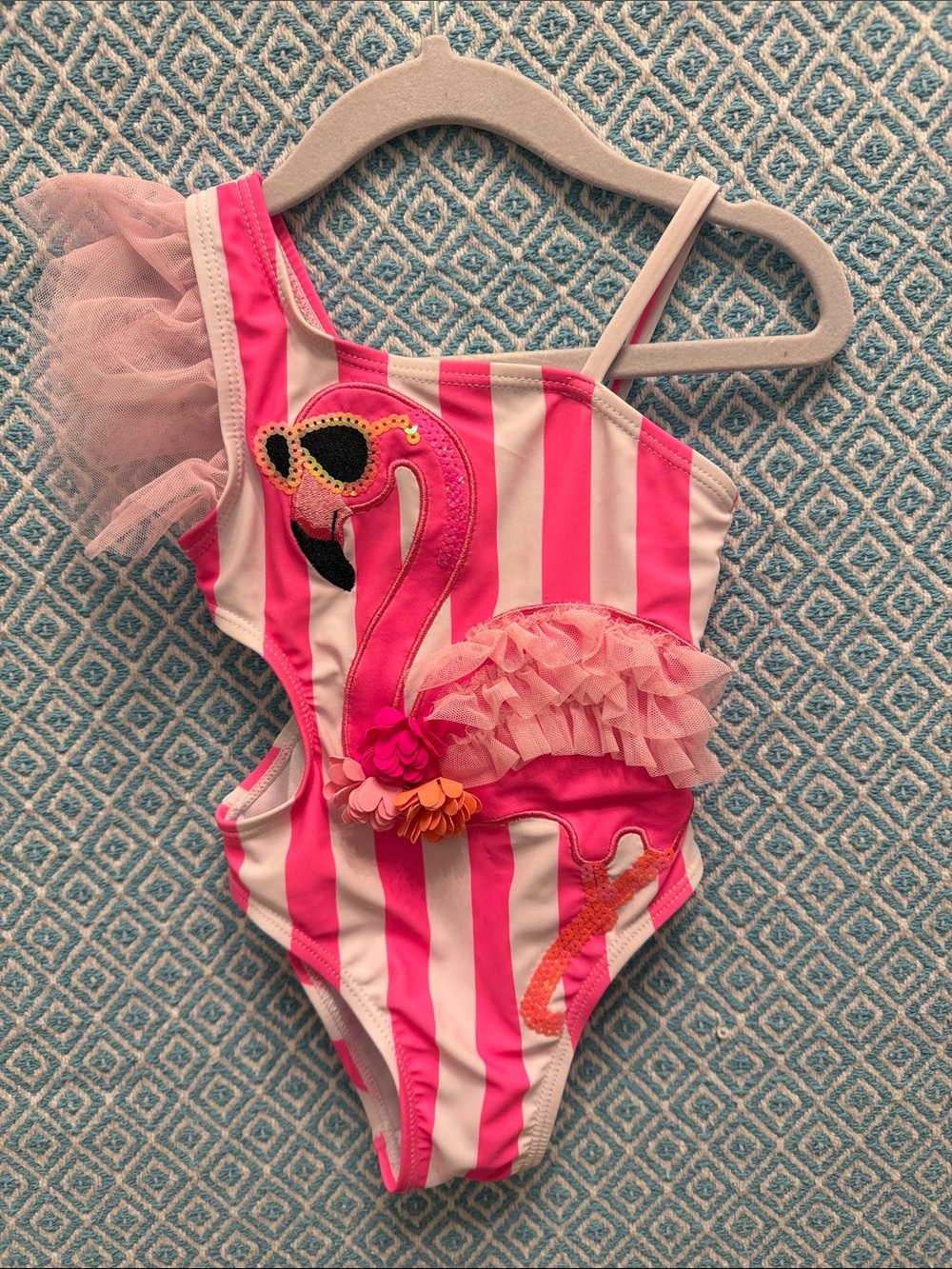 Girls Pink Stripe Flamingo Ruffle One-Piece Swimsuit